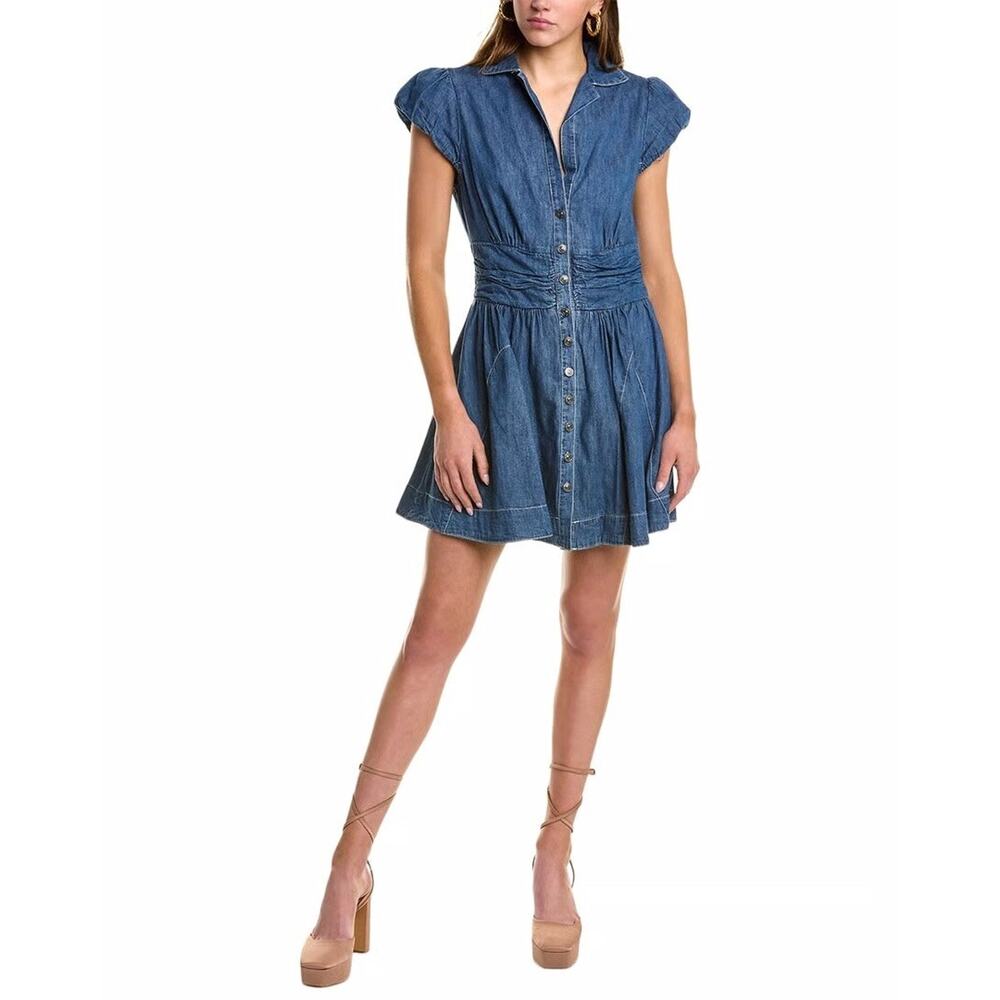 Free People Chester Mini Dress Medium Montauk Blue Denim Puff Sleeve Ruched-L